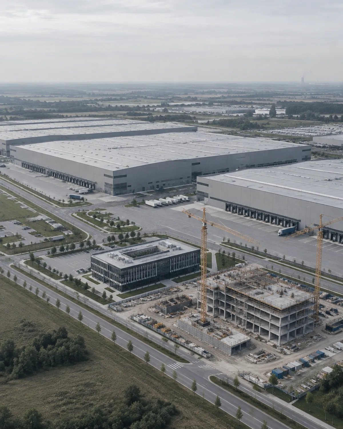 Luchtfoto van een groot industrie- en logistiekgebied met fabriekshallen en een bouwplaats